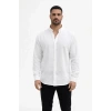 Erkek KETEN Kumaş Oversize Uzun Kollu Rahat Kalıp Gömlek - Beyaz