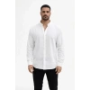 Erkek KETEN Kumaş Oversize Uzun Kollu Rahat Kalıp Gömlek - Beyaz