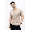 Erkek Kısa Kol Fitilli Triko T-Shirt Yazlık Hakim Yaka Tişört - Bej