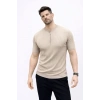 Erkek Kısa Kol Fitilli Triko T-Shirt Yazlık Hakim Yaka Tişört - Bej