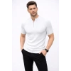 Erkek Kısa Kol Fitilli Triko T-Shirt Yazlık Hakim Yaka Tişört - Beyaz