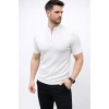 Erkek Kısa Kol Fitilli Triko T-Shirt Yazlık Hakim Yaka Tişört - Beyaz