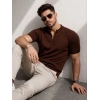 Erkek Kısa Kol Fitilli Triko T-Shirt Yazlık Hakim Yaka Tişört - Kahverengi
