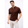 Erkek Kısa Kol Fitilli Triko T-Shirt Yazlık Hakim Yaka Tişört - Kahverengi