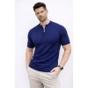 Erkek Kısa Kol Fitilli Triko T-Shirt Yazlık Hakim Yaka Tişört - Lacivert