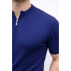Erkek Kısa Kol Fitilli Triko T-Shirt Yazlık Hakim Yaka Tişört - Lacivert