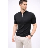 Erkek Kısa Kol Fitilli Triko T-Shirt Yazlık Hakim Yaka Tişört - Siyah