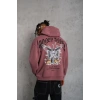 Erkek Kordon İpli Baskılı Kapüşonlu Sweatshirt - Gül Kurusu