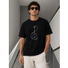 Erkek Minimal Gitar Baskılı Tişört T-Shirt Yazlık Kısa Kol Bisiklet Yaka T-Shirt - Siyah