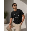 Erkek Minimal Gülümseyen Yüz Baskılı Tişört Kısa Kol Yazlık T-Shirt - Siyah