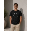 Erkek Minimal Gülümseyen Yüz Baskılı Tişört Kısa Kol Yazlık T-Shirt - Siyah