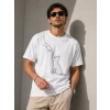 Erkek Minimal Kedi Çizim Baskılı Tişört Kısa Kol Yazlık T-Shirt - Beyaz