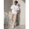 Erkek Minimal Kedi Çizim Baskılı Tişört Kısa Kol Yazlık T-Shirt - Beyaz