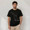 Erkek Minimal Kedi Çizim Baskılı Tişört Kısa Kol Yazlık T-Shirt - Siyah