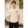 Erkek Ön Ve Arka Tokyo Kuş Çiçek Baskılı Oversize T-Shirt - Ekru