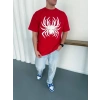 Erkek Örümcek Baskılı Tişört Kısa Kollu Bisiklet Yaka T-Shirt - Kırmızı