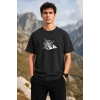 Erkek Outdoor Pusula Dağ Baskılı Kısa Kollu Oversize T-Shirt - Siyah