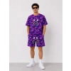 Erkek Oversize Kalıp Pubg Bape X Shark Nakışlı Cepli Şort Takım - Mor