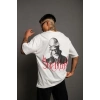 Erkek Oversize Tişört – Beyaz 24/1 Penye Kumaş, Bisiklet Yaka, Ön - Arka Baskılı, Streetwear Tarzı Rahat Büyük Kalıp T-Shirt- Beyaz