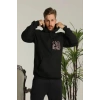 Erkek Oversize Üç İplik Kapüşonlu Sweatshirt –Sırt Ve Ön Baskılı, Kanguru Cepli, Rahat Kalıp Maskot Desenli Model - Siyah