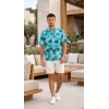 Erkek Palmiye Desenli Yarım Oversize Kısa Kollu Hawai Gömlek