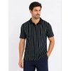 Erkek Pike Kumaş Çizgili Polo Yaka Tişört Kısa Kol Yazlık T-Shirt - Siyah