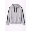 Erkek Şeritli Kapüşonlu Sweatshirt Oversize 3 Iplik Pamuklu - Gri