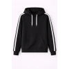 Erkek Şeritli Kapüşonlu Sweatshirt Oversize 3 Iplik Pamuklu - Siyah