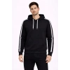 Erkek Şeritli Kapüşonlu Sweatshirt Oversize 3 Iplik Pamuklu - Siyah