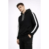 Erkek Şeritli Kapüşonlu Sweatshirt Oversize 3 Iplik Pamuklu - Siyah