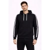 Erkek Şeritli Kapüşonlu Sweatshirt Oversize 3 Iplik Pamuklu - Siyah
