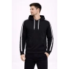 Erkek Şeritli Kapüşonlu Sweatshirt Oversize 3 Iplik Pamuklu - Siyah