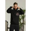 Erkek Sırt Baskılı Oversize Üç İplik Kapüşonlu Sweatshirt - Siyah