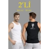 Erkek Spor Fitilli Atlet 2li Set Siyah Ve Beyaz Slim Fit Kaşkorse Arka Baskılı Spor Atlet