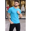 Erkek T-Shirt Bisiklet Yaka Slim Fit Dar Kesim Likralı Tişört Günlük Basic Body - Açık Mavi