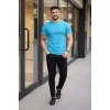 Erkek T-Shirt Bisiklet Yaka Slim Fit Dar Kesim Likralı Tişört Günlük Basic Body - Açık Mavi