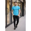 Erkek T-Shirt Bisiklet Yaka Slim Fit Dar Kesim Likralı Tişört Günlük Basic Body - Açık Mavi