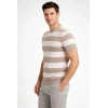 Erkek T-shirt Çizgili Triko Dokuma Bisiklet Yaka Tişört - Bej