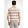 Erkek T-shirt Çizgili Triko Dokuma Bisiklet Yaka Tişört - Bej