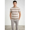 Erkek T-shirt Çizgili Triko Dokuma Bisiklet Yaka Tişört - Bej