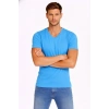 Erkek T-Shirt V Yaka Slim Fit Dar Kesim Likralı Tişört Günlük Basic Body - Açık Mavi