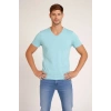 Erkek T-Shirt V Yaka Slim Fit Dar Kesim Likralı Tişört Günlük Basic Body - Turkuvaz