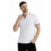 Erkek Triko Kumaş Yakalı Düğmesiz Açık Yaka Fitilli Kısa Kollu Regular Fit Tişört T-shirt - Beyaz