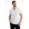 Erkek Triko Kumaş Yakalı Düğmesiz Açık Yaka Fitilli Kısa Kollu Regular Fit Tişört T-shirt - Beyaz