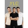 Erkek Triko Tişört Fermuar Yakalı Kısa Kol T-Shirt 3’lü Set Bej-Beyaz-Siyah