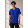 Erkek V Yaka Basic Tişört Kısa Kol Yazlık Regular Fit T-Shirt - Saks Mavisi