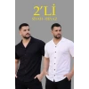 Erkek Waffle Dokuma Açık Yakalı Düğmeli Regular Kalıp 2’li Gömlek Seti - Siyah - Beyaz