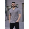 Erkek Waffle Kumaş Kısa Kollu Düğmeli Açık Yaka Regular Fit Gömlek - Gri