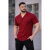 Erkek Waffle Kumaş Kısa Kollu Düğmeli Açık Yaka Regular Fit Gömlek - Kırmızı