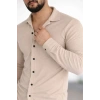 Erkek Waffle Kumaş Uzun Kollu Düğmeli Açık Yaka Regular Fit Gömlek - Bej